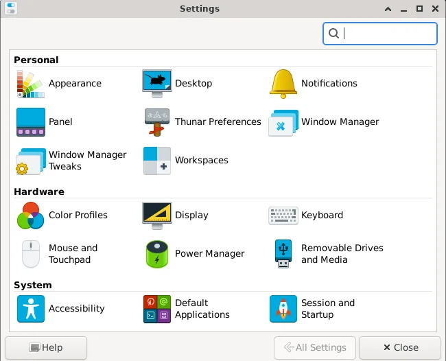 Gestor de definições do XFCE com secções pessoais, de hardware e do sistema