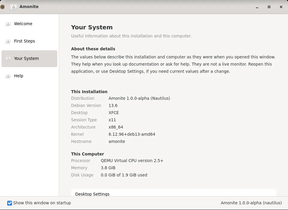 Página Your System da aplicação de boas-vindas com a distribuição, versão do Debian, desktop, kernel e hardware